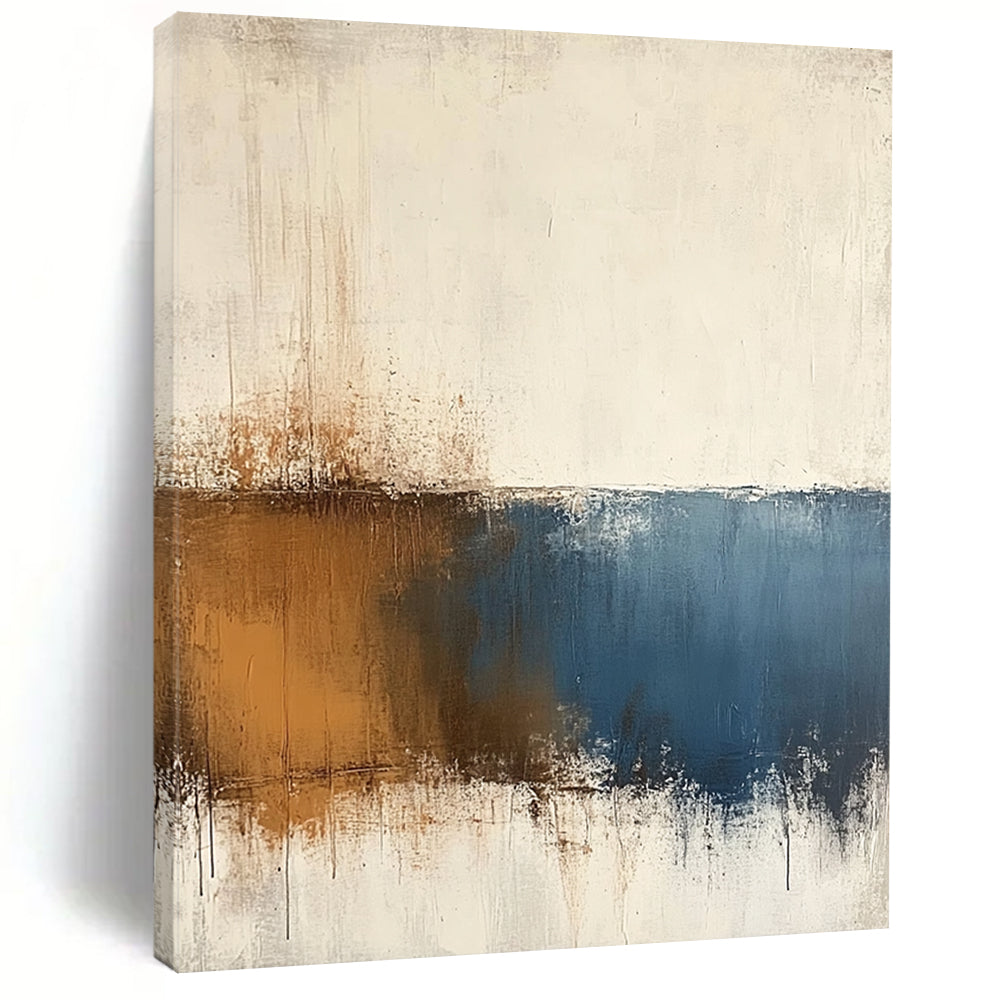 Contemporary hand-painted abstract art features beige and blue tones on a textured white background with minimalist soft edges and subtle brown accents. DLZ0725
