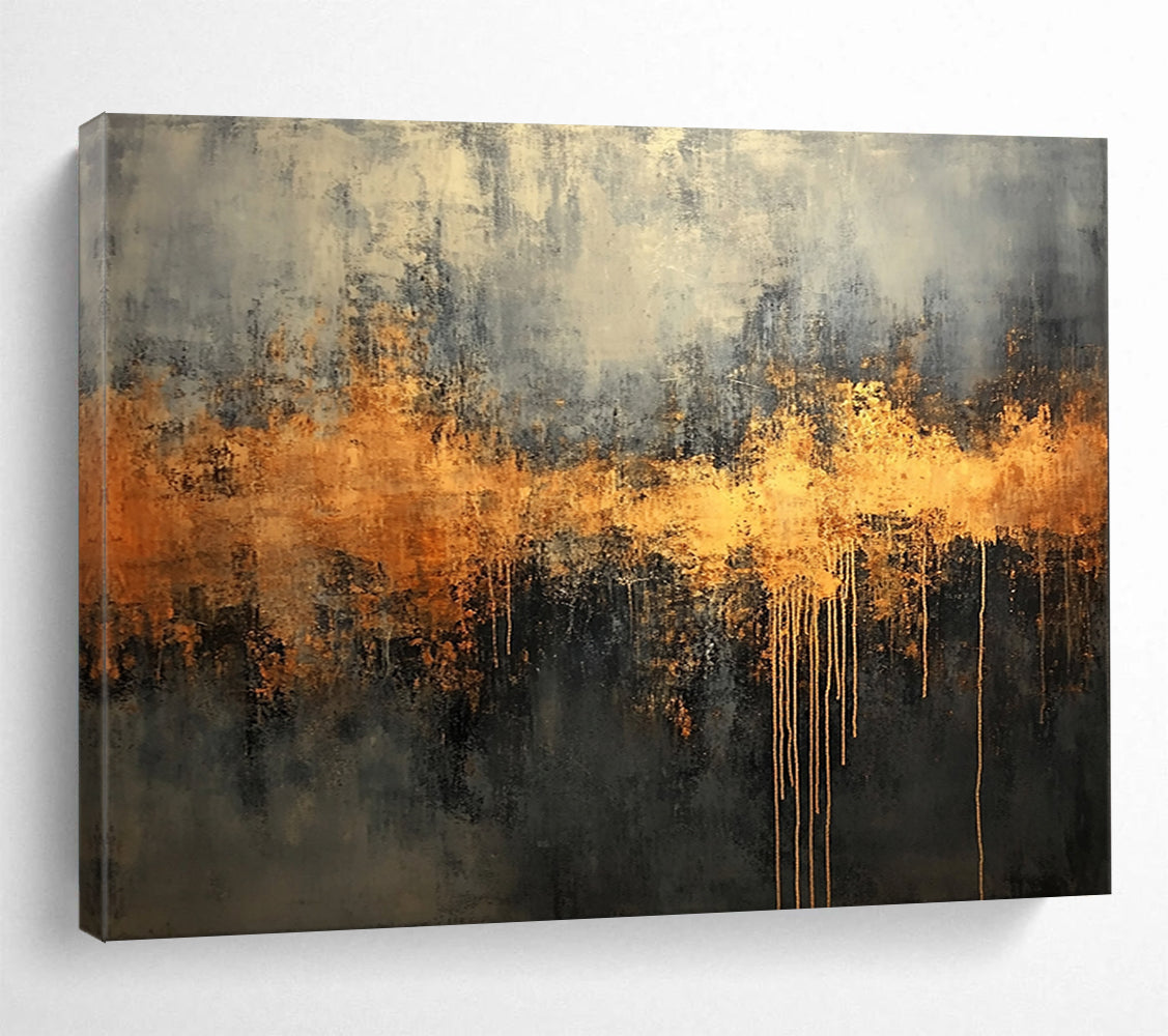 “Gothic Gold Drip” - Gray, black, gold; Dramatic gold drips on dark; Oil Painting On Canvas HB1211