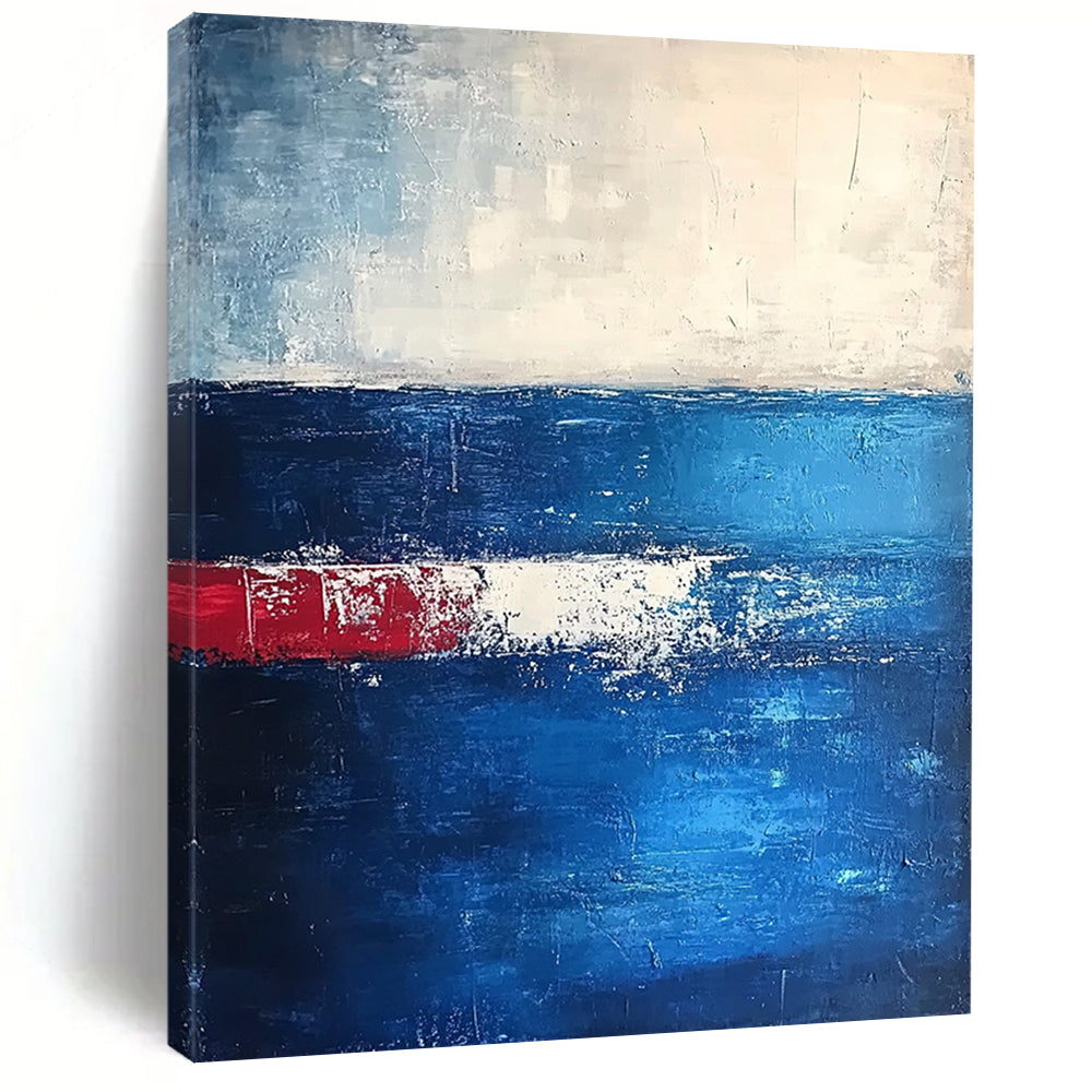Modern abstract artwork featuring deep blues and dark grays with thick textured brushstrokes creating an atmospheric horizon in a serene minimalist composition. DLZ0365