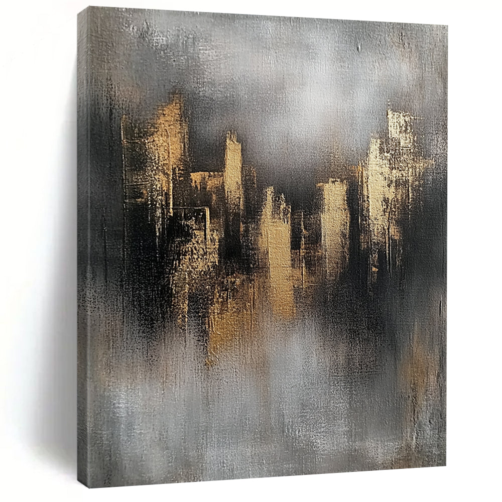 Contemporary abstract art featuring gray and gold skyline elements textured on canvas with a minimalist industrial feel and ambient lighting highlights. DLZ0520