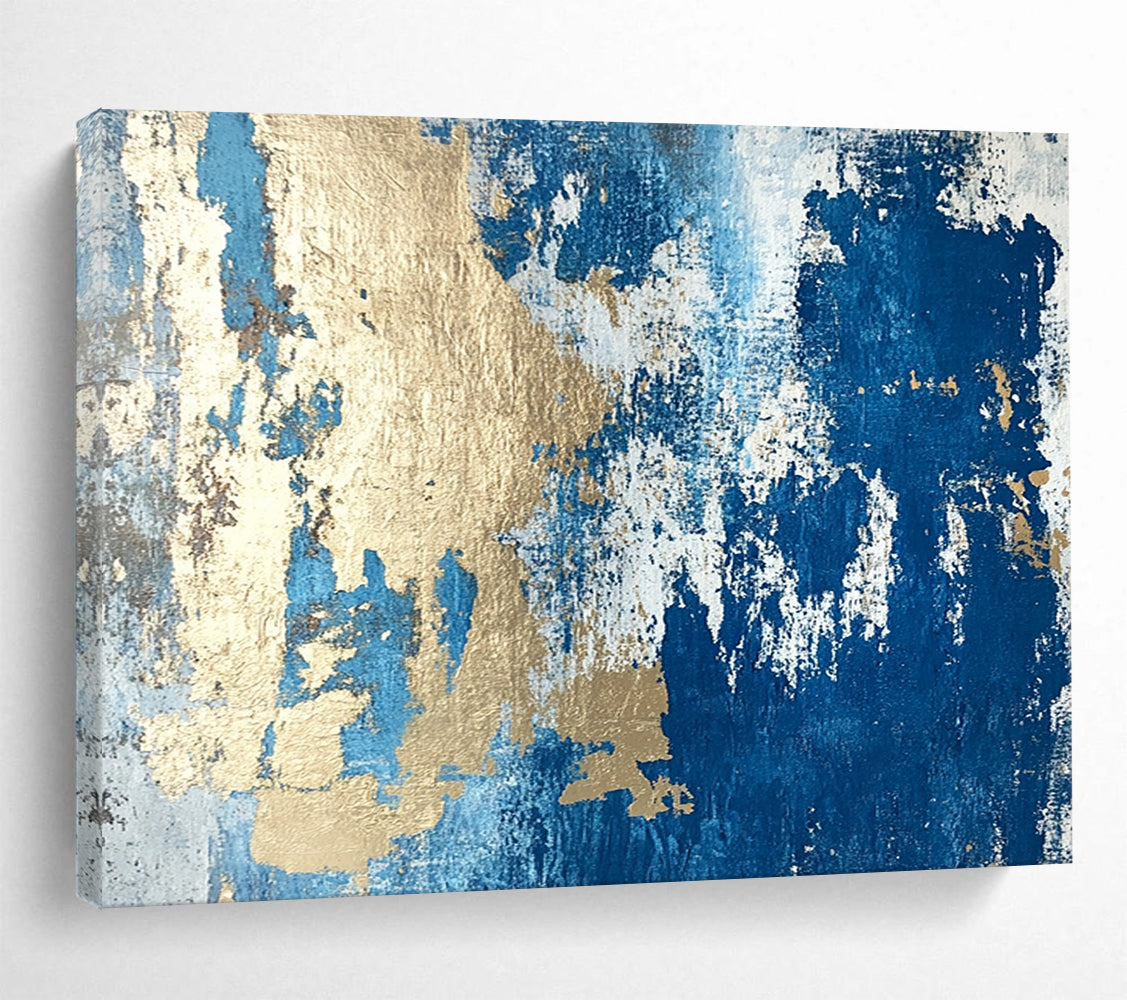 “Textured Gold - Blue Abstract Fusion” - Gold, Blue, Gray, White, Textured Layers Painting On Canvas HB0819