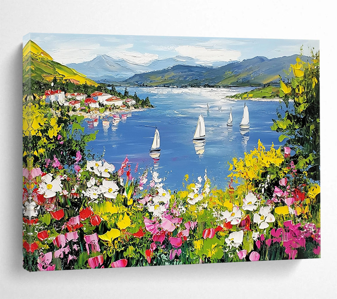 “Vibrant Lakeside Village” - Blue, Green, Yellow, Floral Landscape Painting On Canvas HB0686