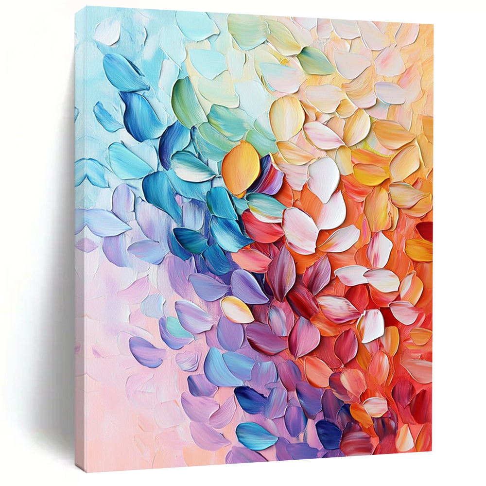 Contemporary hand-painted abstract art featuring textured leaves and vibrant foliage in pink blue purple orange and green with rich details and delicate brushstrokes. DLZ1568