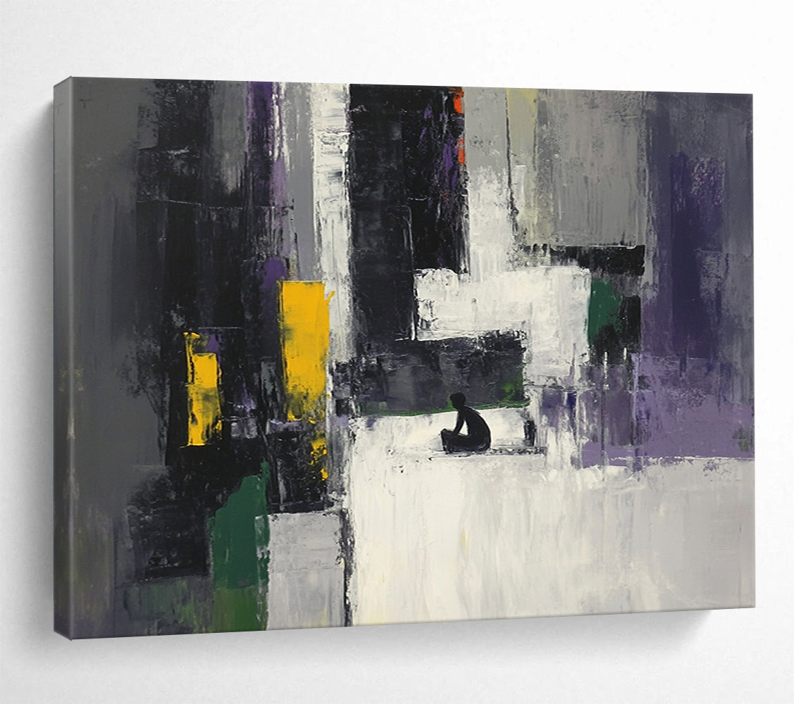 “Colorful Abstract with Figure” - Gray, Purple, Yellow, Green, Figure Silhouette - Painting On Canvas HB1428