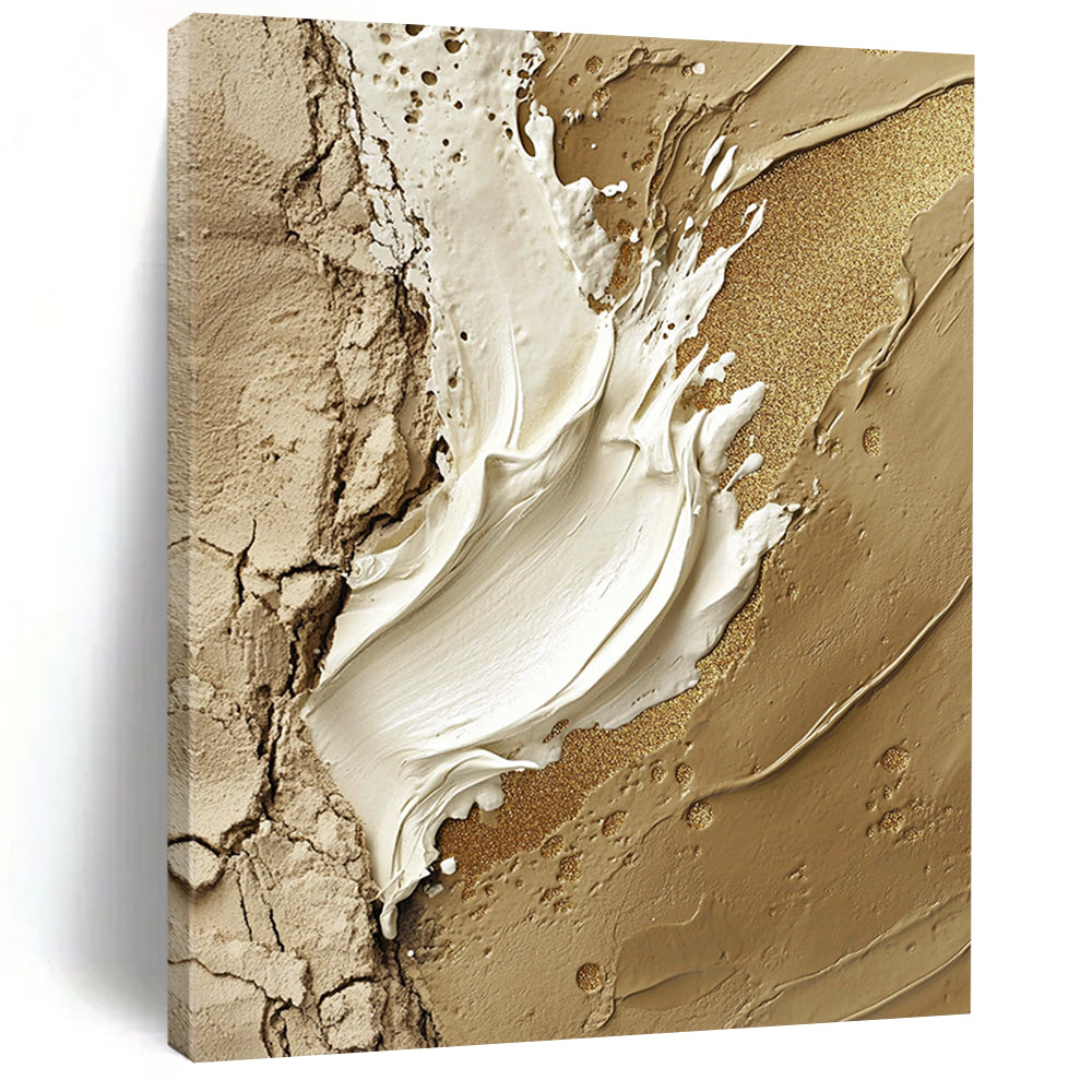 Contemporary hand-painted abstract art featuring a central white paint stroke adorned with gold glitter accents on a rugged stone-like background. DLZ1195