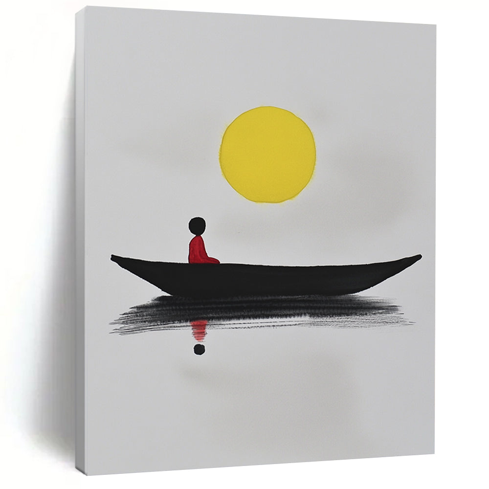 Contemporary abstract art featuring a minimalist black boat on white paper with a yellow sun and a red figure reflecting in calm waters. DLZ1564