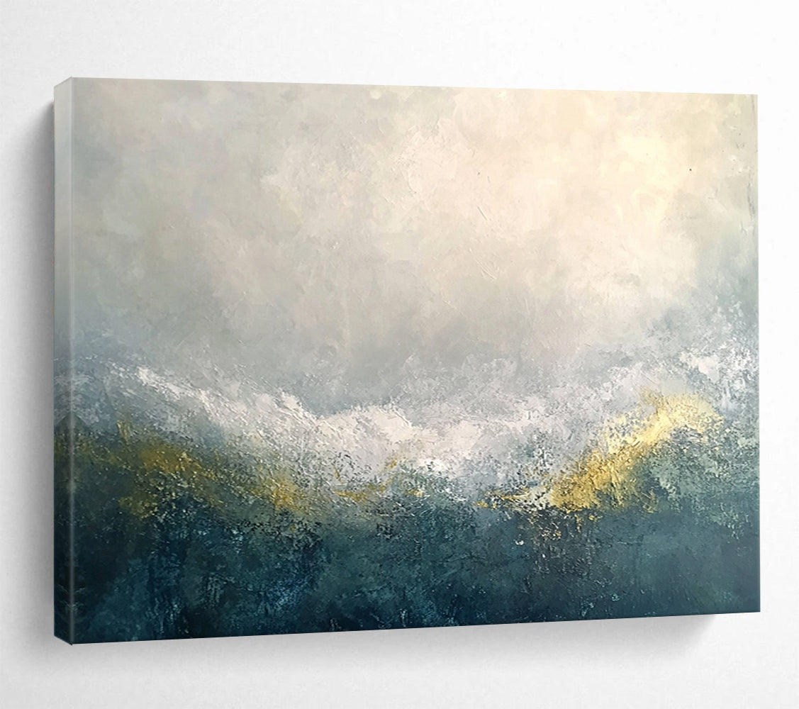 “Mystic Gray - Gold Horizons” - Gray, White, Gold, Abstract Misty Mountain Ranges Painting On Canvas HB1019