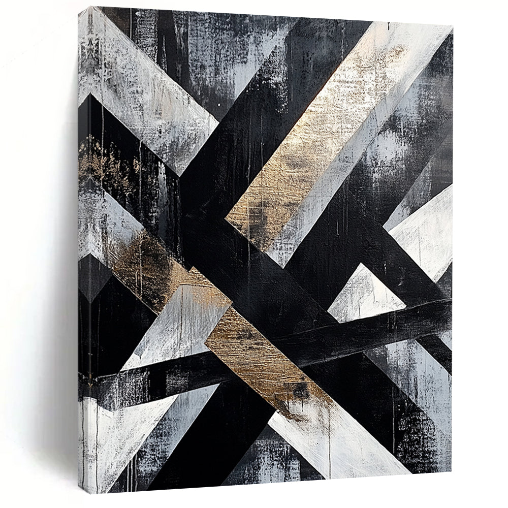 Gray, Black, White, Gold, Intertwined Stripes "Gilded Weave" Abstract Modernist Painting On Canvas HB078