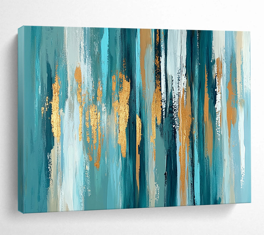 “Teal Gold Vertical Streaks” - Teal, gold, white, beige; Vertical abstract streaks with gold accents HB1289
