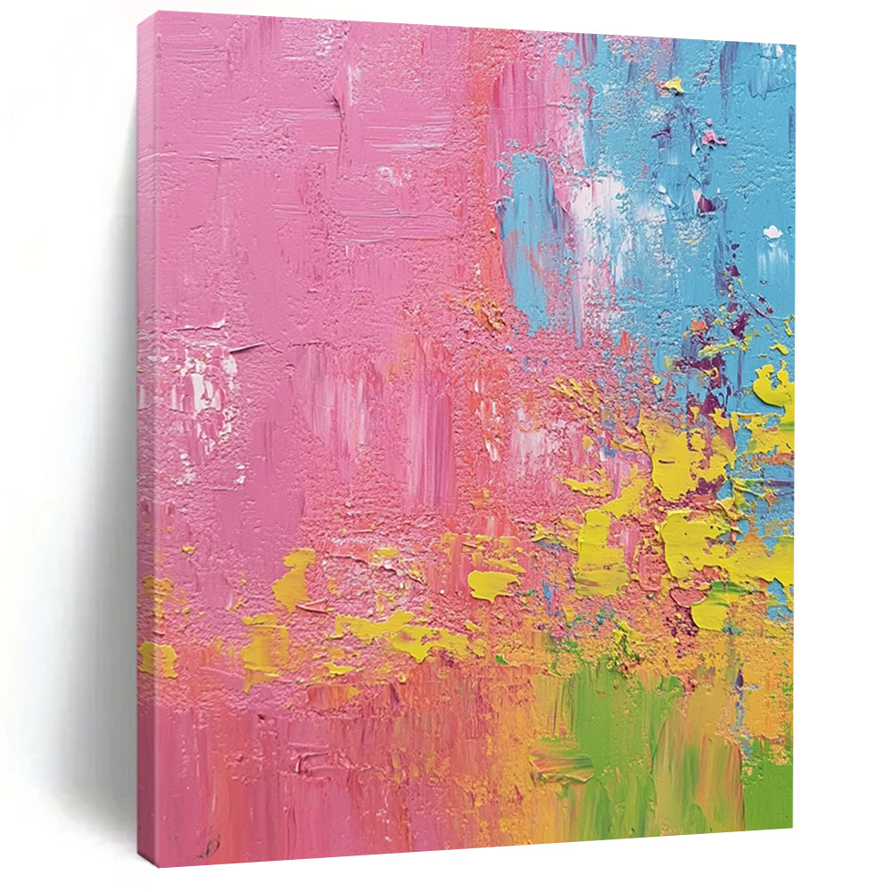 Contemporary hand-painted abstract artwork featuring pink lime green and blue highlights in a textured farmhouse scene that captures the essence of springtime. DLZ0783