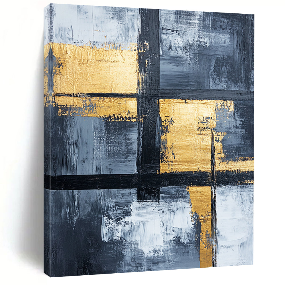 Gray, White, Gold, Black, Geometric Crosses "Gilded Grid Crossroads" Abstract Modernist Painting On Canvas HB151