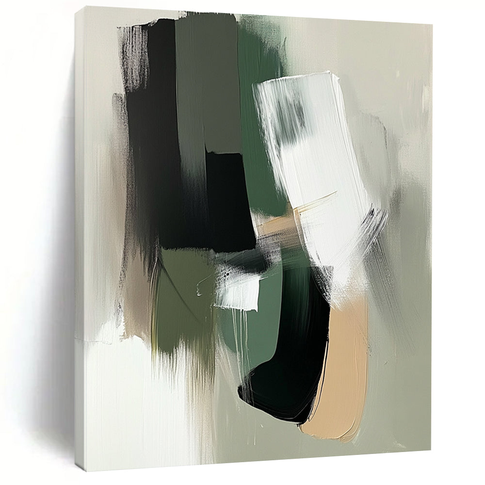 Contemporary abstract painting featuring minimalist shapes in sage green and white with black accents and bold brushstrokes for a modern aesthetic. DLZ0435