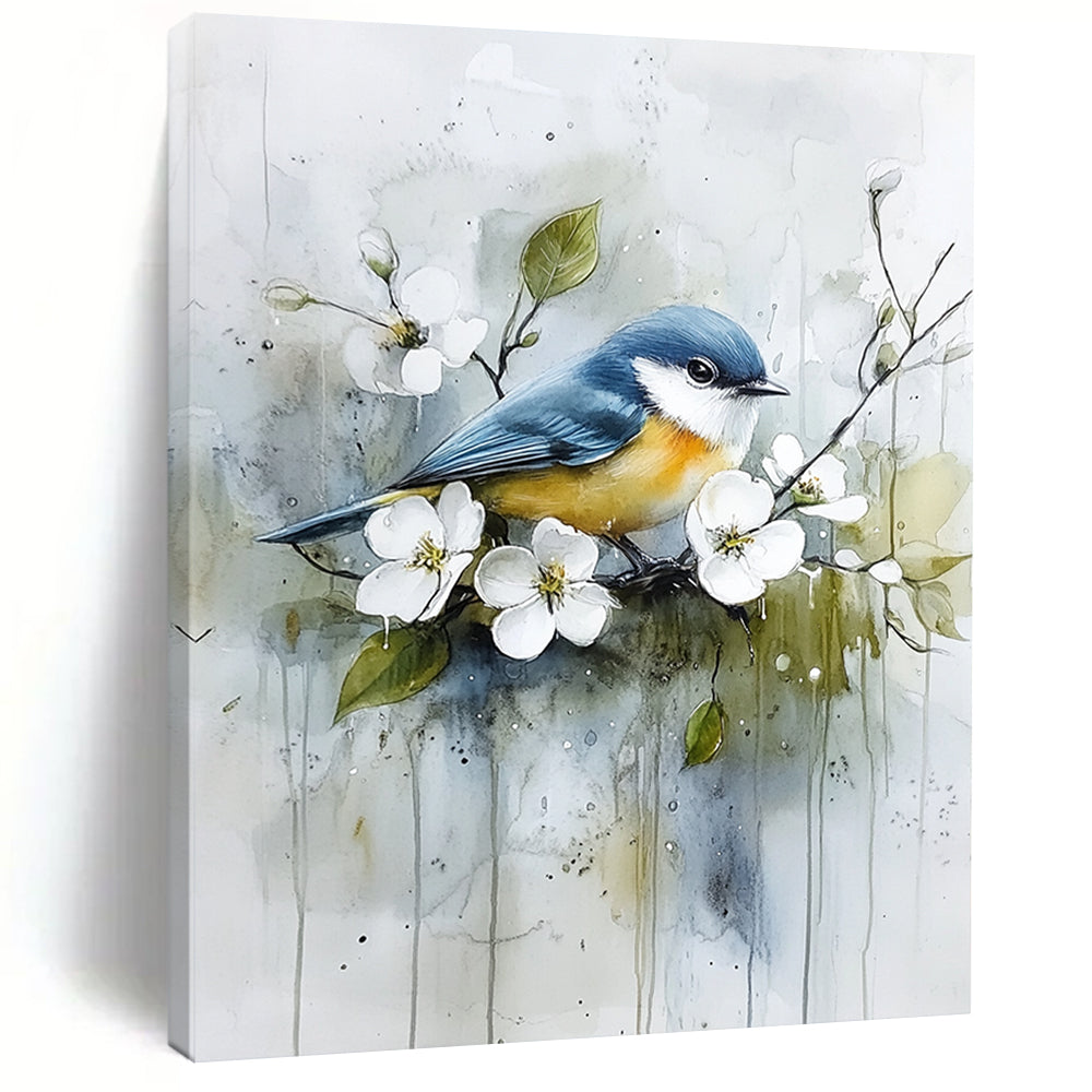 Contemporary abstract art featuring a blue and yellow bird on a branch among white flowers and green leaves with soft watercolor effects. DLZ1122