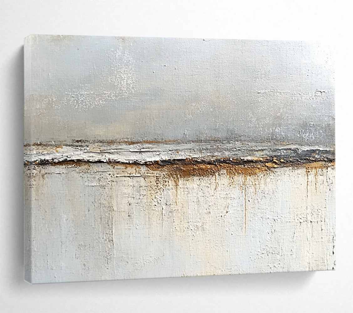 “Textured Gray and Brown Divide” - Gray, brown, white; Textured horizontal divide with drips; Oil Painting On Canvas HB1217