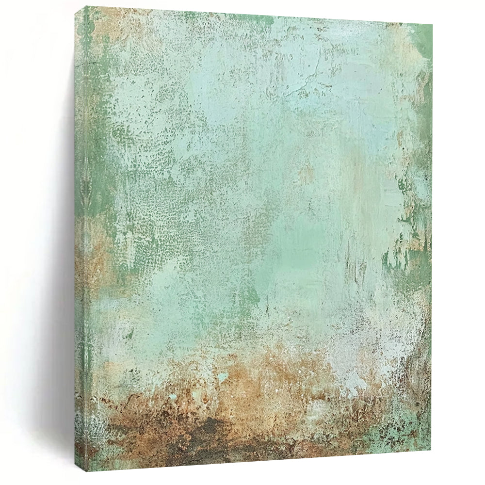 Contemporary hand-painted abstract art featuring soft greens browns and pale blues with rusted metal textures for a rustic elegant backdrop. DLZ1478