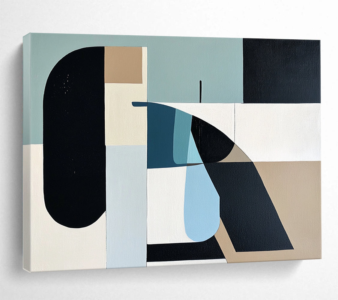 “Pastel Geometric Shapes” - Blue, Beige, Black, Abstract Forms - Mid - Century Acrylic Painting HB1492