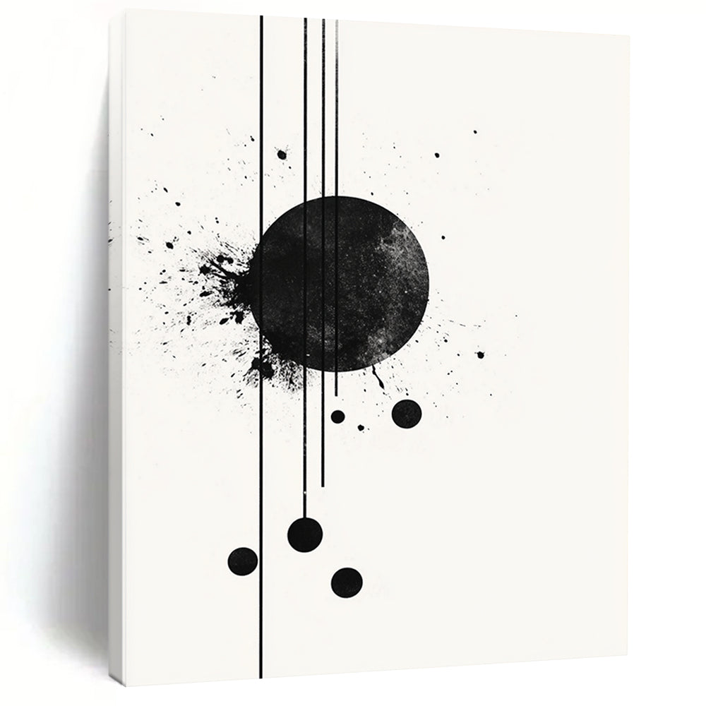 Black Circle with Splatter & Lines - “Elegant Ink Fusion” Painting On Canvas HB238
