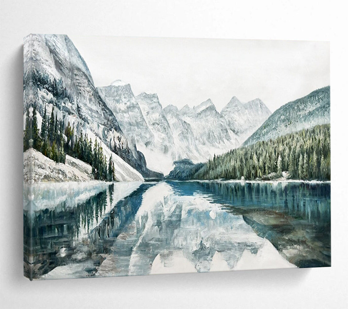 Snowy Mountain Lake Reflection - Serene Living Room Art DLZ221