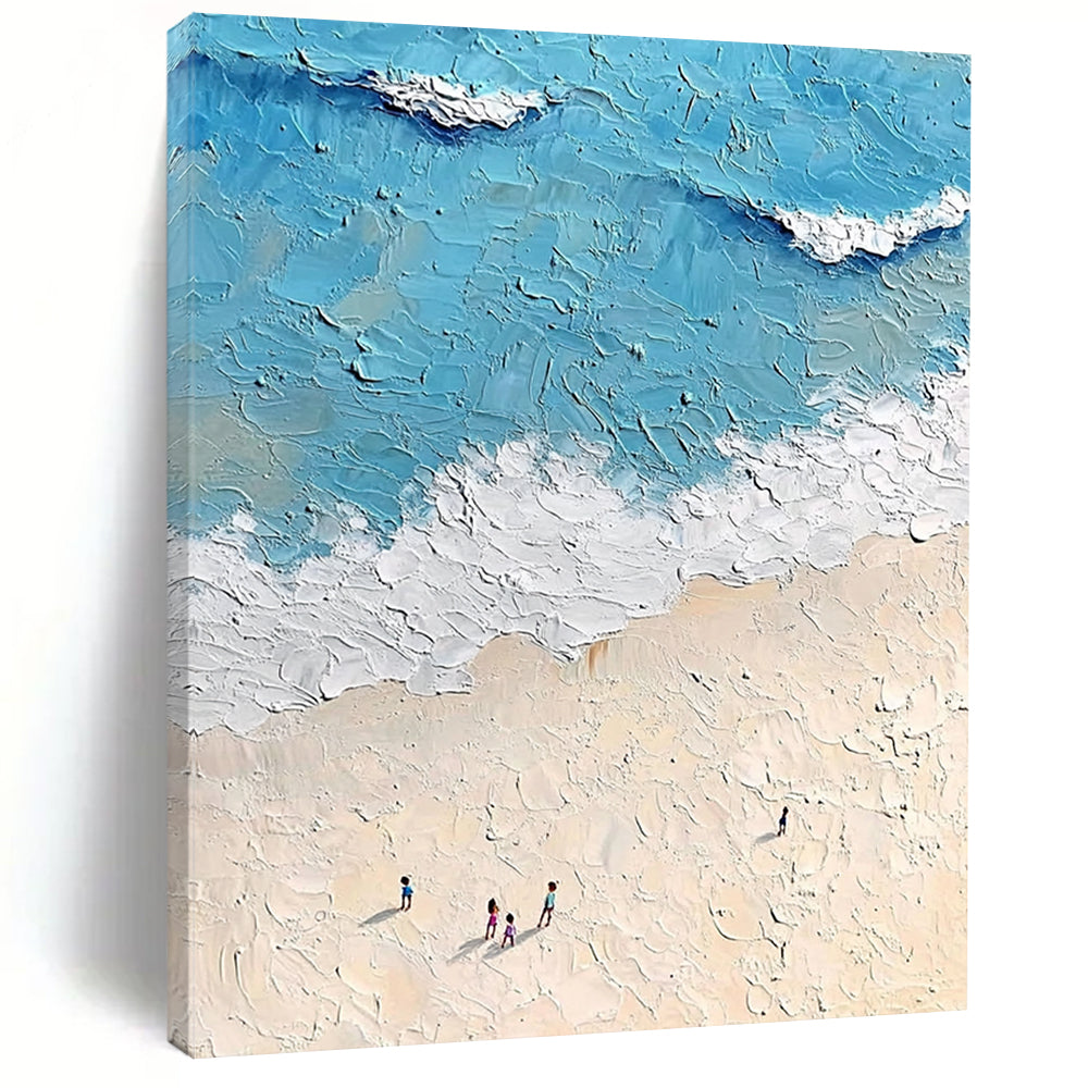 Contemporary hand-painted abstract artwork depicting a sunny beach scene with gentle waves and fine sand in soft tones and bright colors. DLZ1530