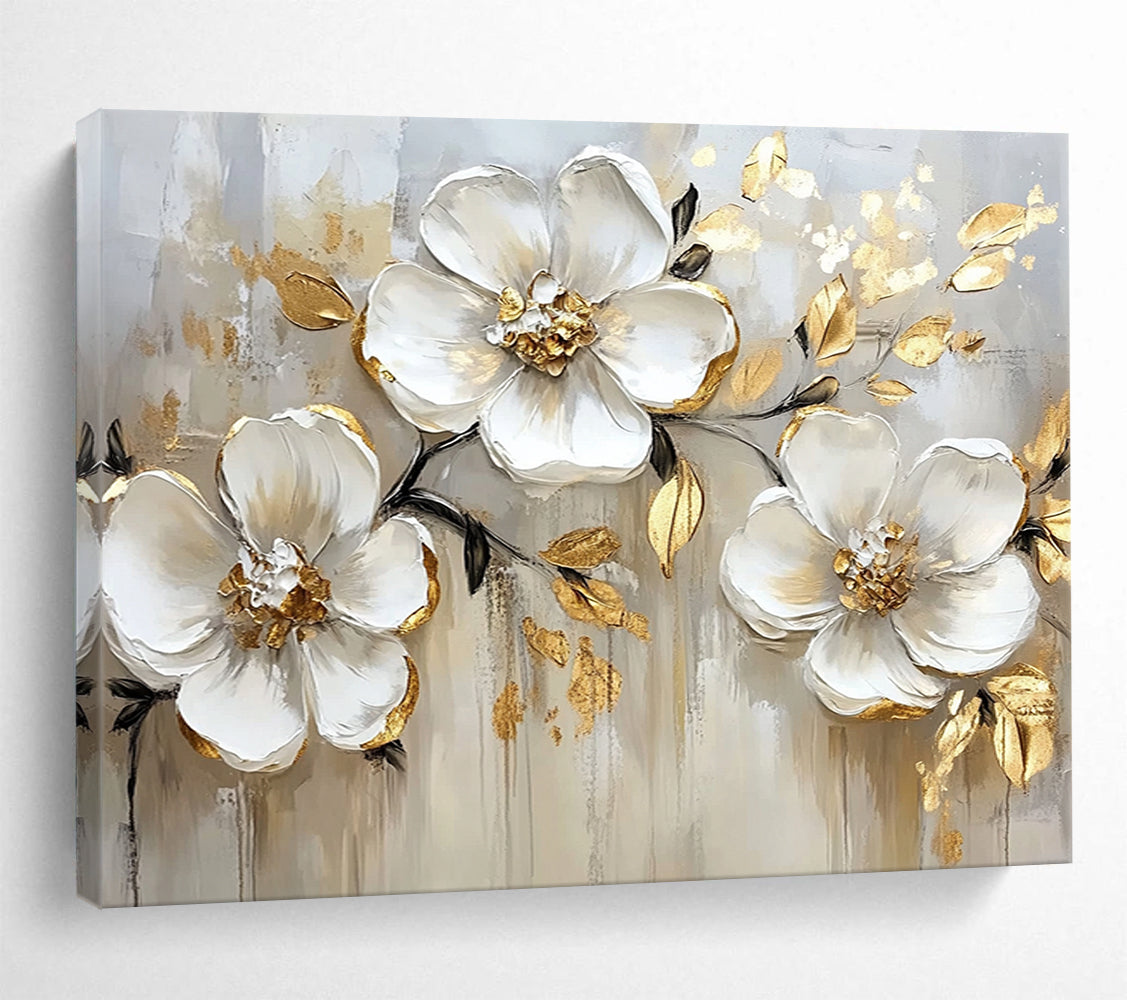 “White Flowers with Gold Edges on Beige” - White, Gold, Beige, White flowers with gold edges on beige - Impasto Oil Painting HB1787