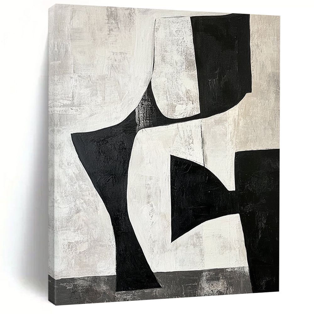 Contemporary hand-painted abstract artwork featuring black and white shapes creating negative space resembling legs against a gray-toned background. DLZ1392