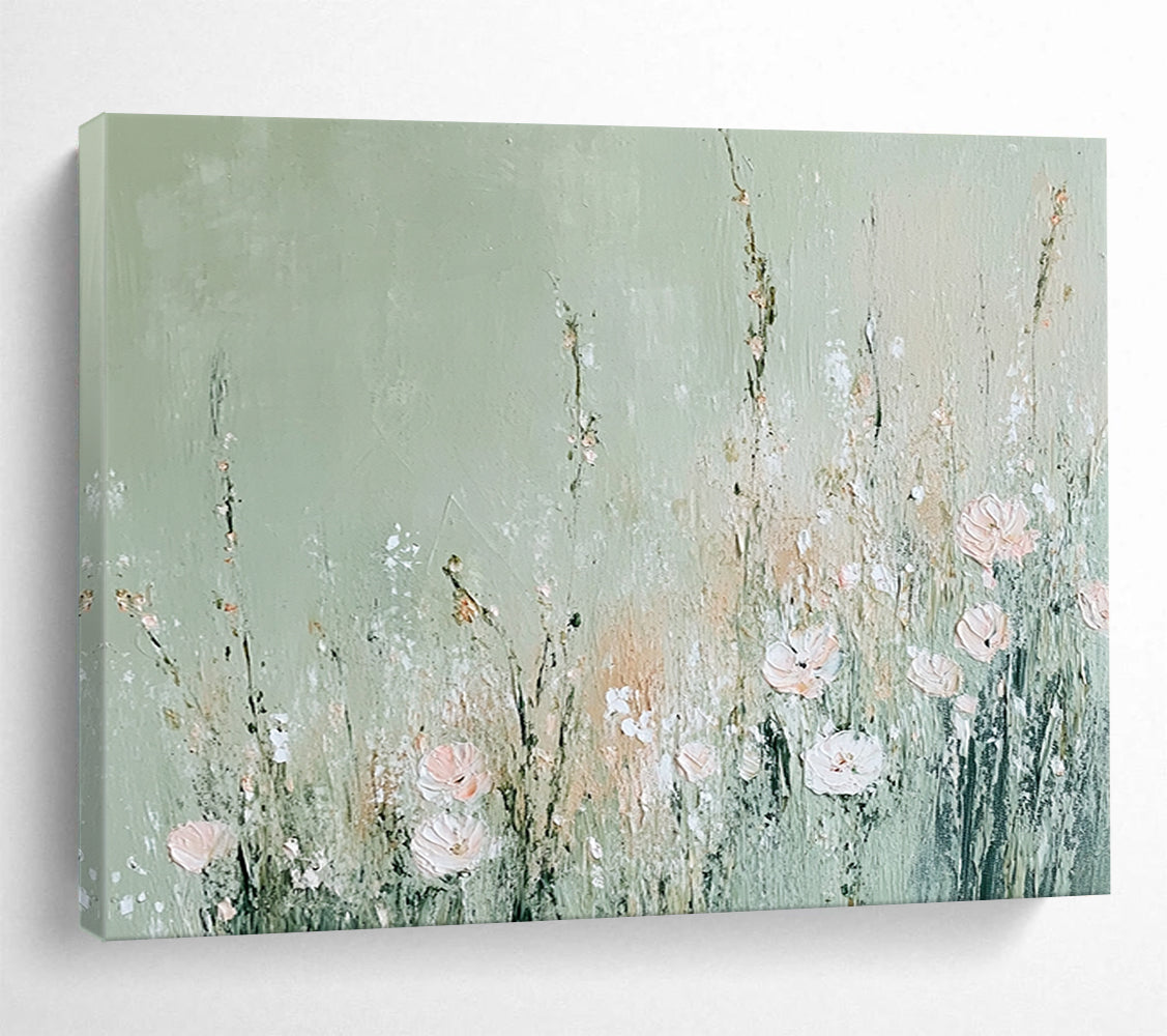 “Minimalist Floral on Sage” - Sage, Pink, Flowers, Textured Painting On Canvas HB0758