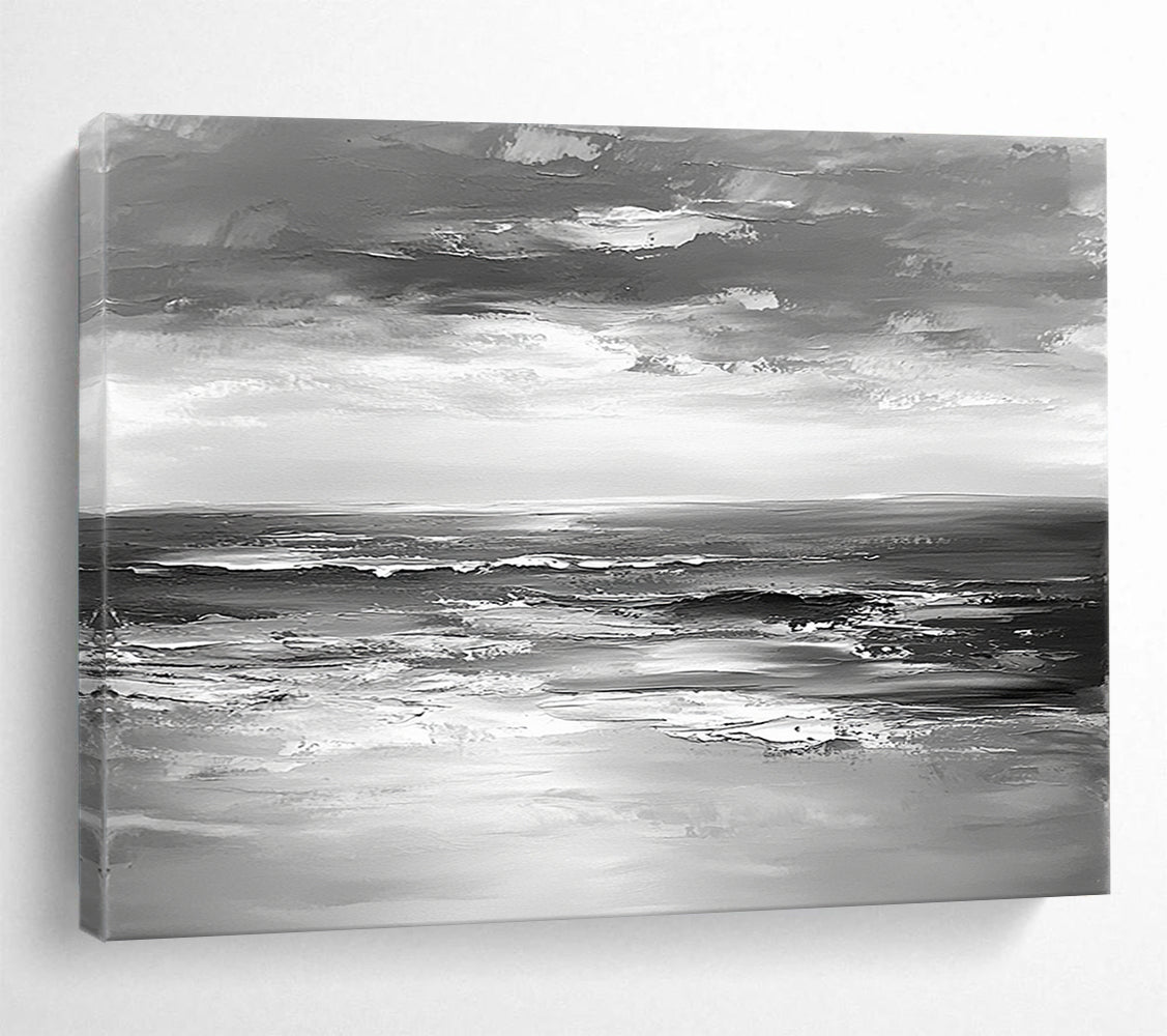 “Impasto Sea Waves in Gray” - Gray, White, Textured Sea Waves Painting On Canvas HB0801
