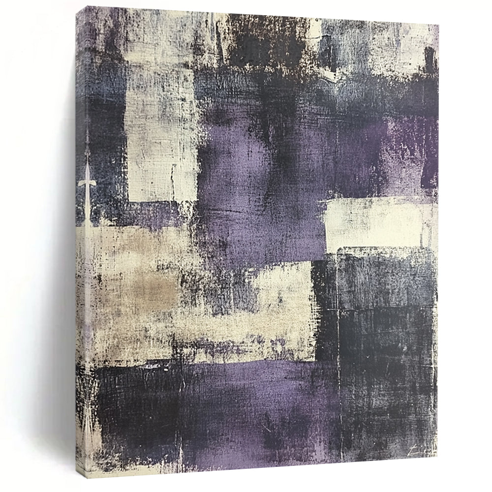 Contemporary abstract painting features urban landscape in grey and purple tones with distressed textures and vintage papers for a unique artistic touch. DLZ0589