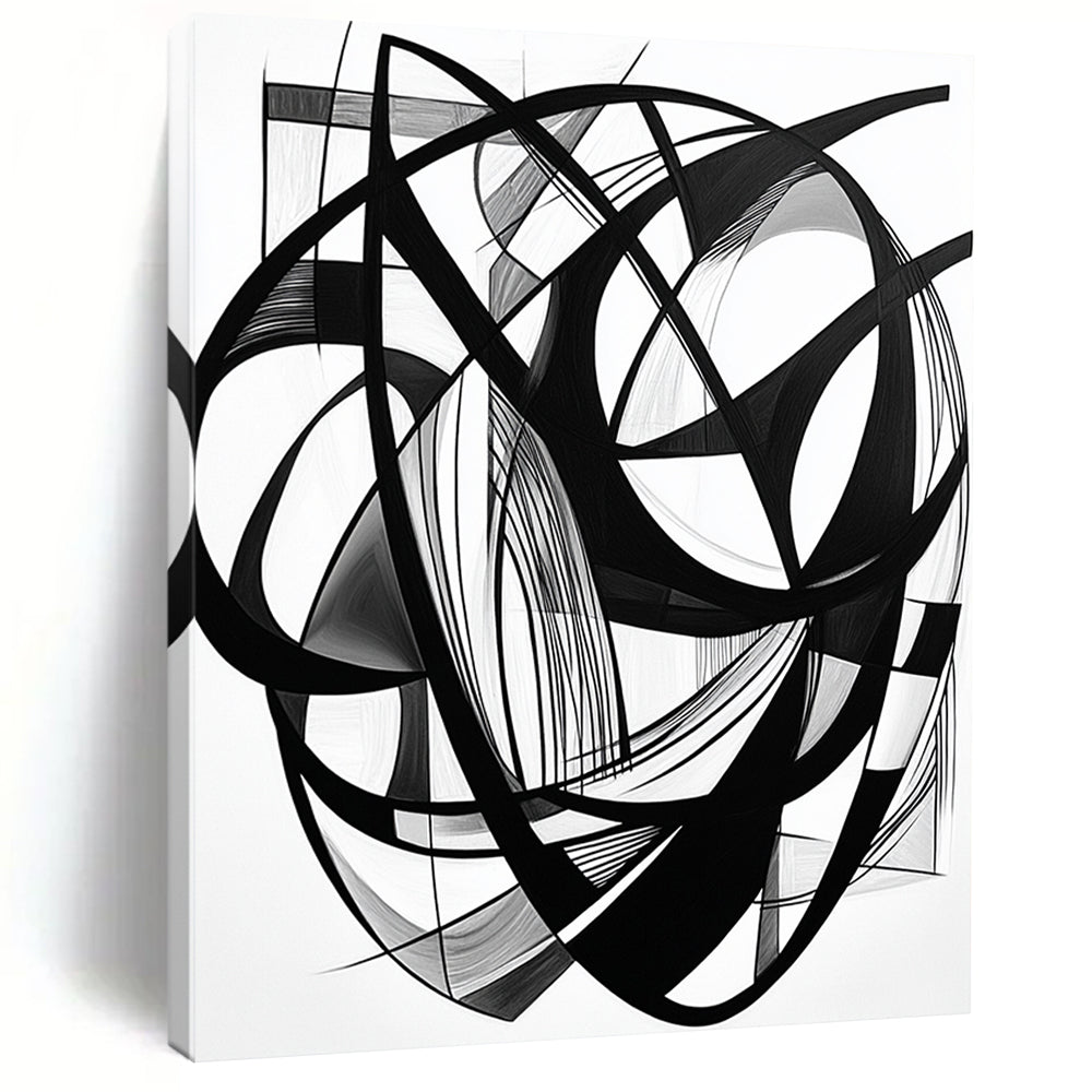 Black Intertwined Lines & Shapes - “Complex Ink Geometry” Painting On Canvas HB240