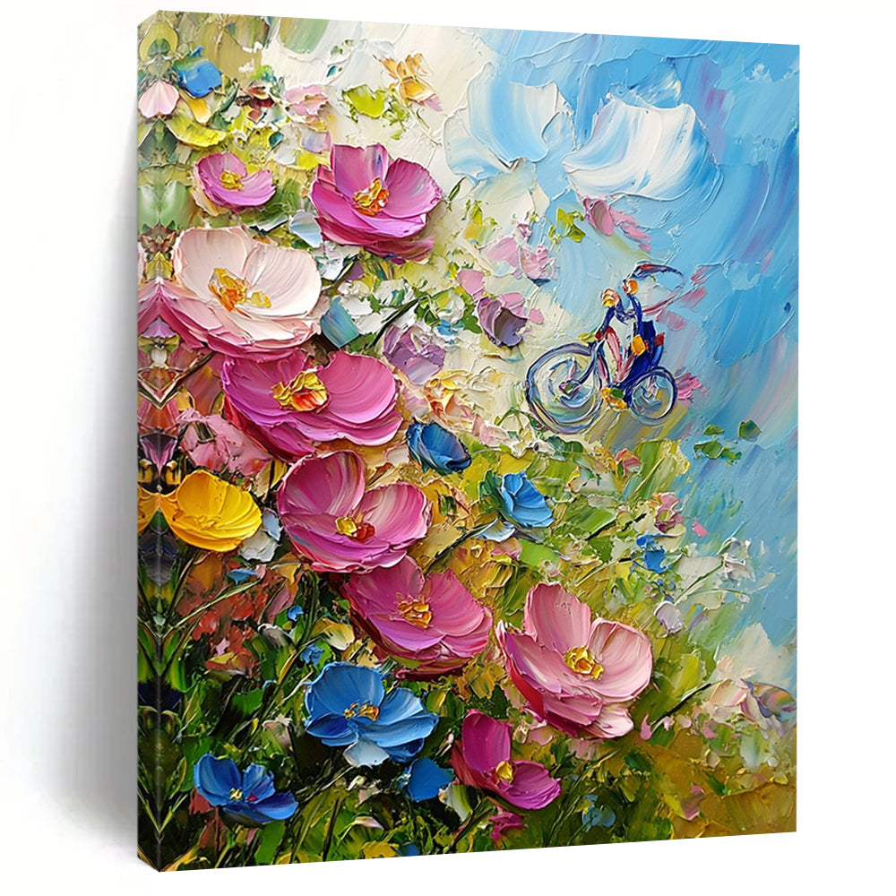 Contemporary hand-painted abstract art features vibrant pink and blue wildflowers, created using a palette knife in an expressive Impressionist style. DLZ1259