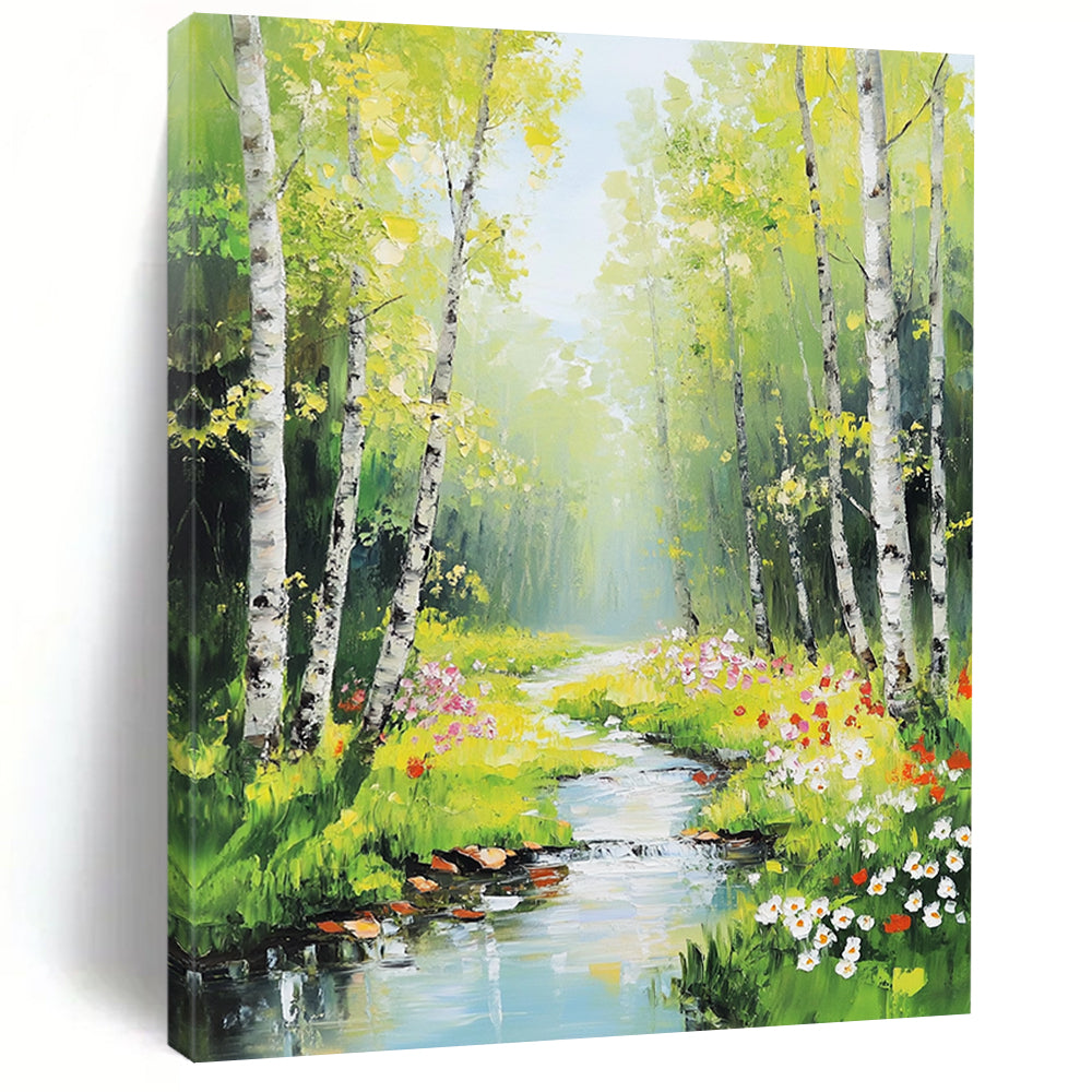 Vibrant contemporary hand-painted abstract artwork featuring birch trees and spring flowers illuminated by sunlight with a serene stream enhancing the natural beauty. DLZ1123