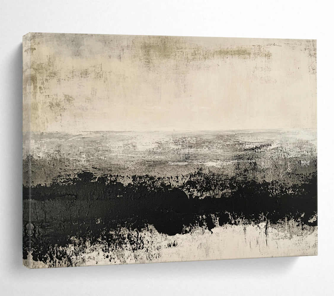 “Grayscale Textured Landscape” - Black, White, Gray, Textured Fields Painting On Canvas HB0800