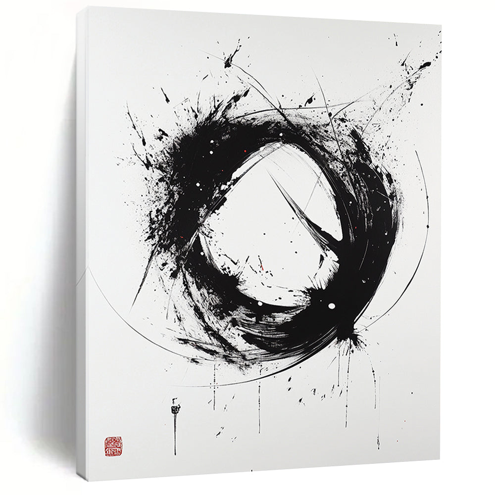 Black and White Dynamic Circle "Wild Enso" Painting On Canvas HB260