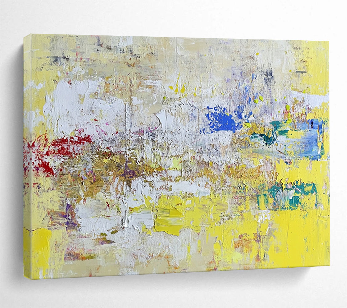 “Yellow - Based Abstract Textures” - Yellow, White, Colorful Splashes - Painting On Canvas HB1407