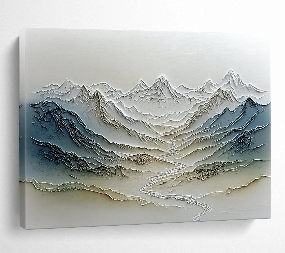 “Textured Mountain Range Relief” - Gray, Blue, Beige, Textured Landscape Painting On Canvas HB0774