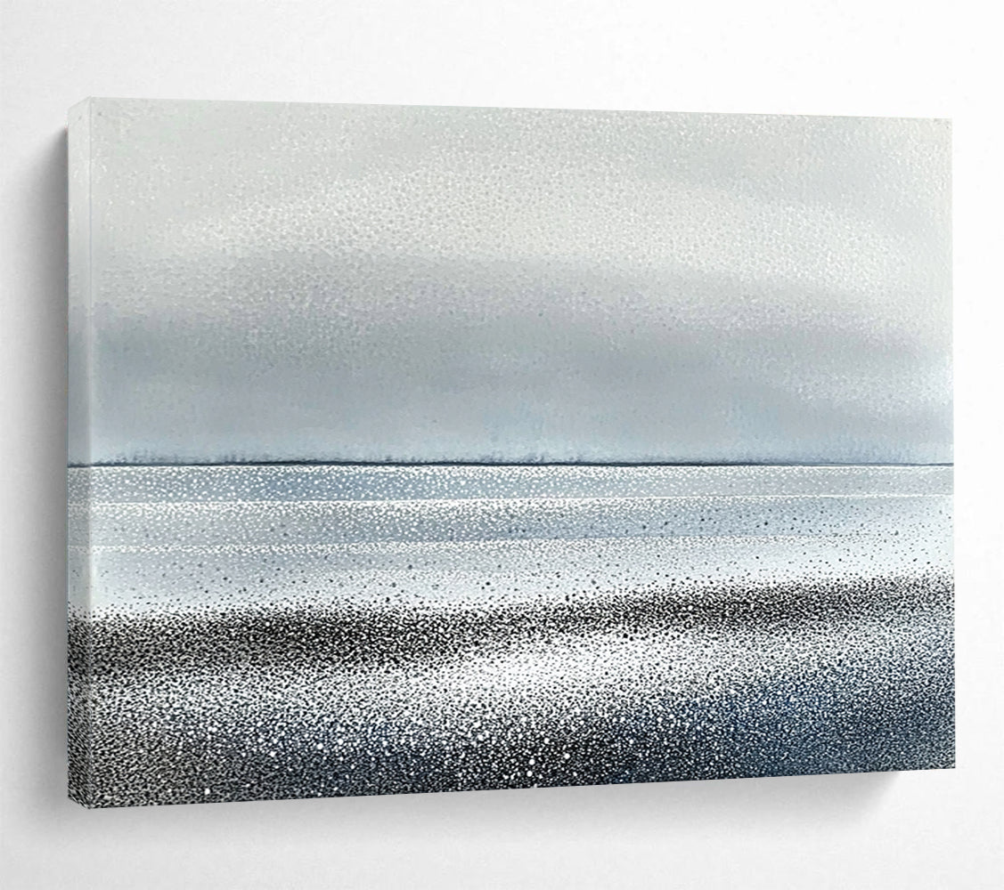 “Silver - Gray Dotted Horizon” - Silver, Gray, Dotted Coastal Lines Painting On Canvas HB0788