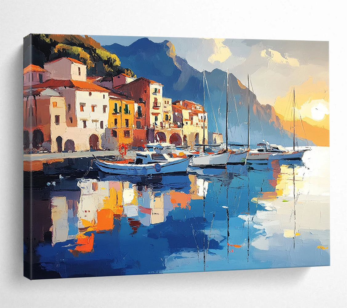 “Harbor Sunset Reflections” - Warm Oranges, Yellows, Cool Blues, Harbor at Sunset - Impasto Oil Painting HB1748