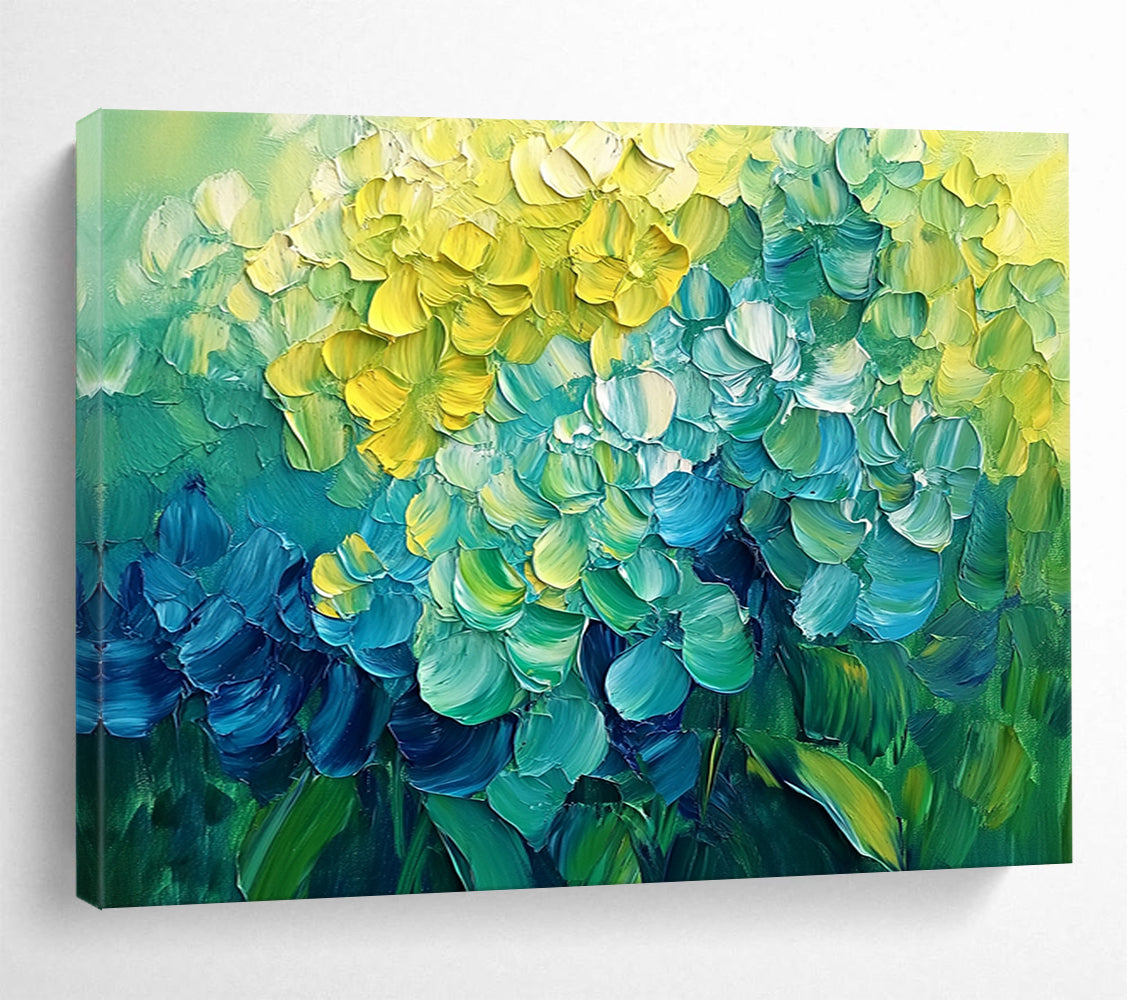 “Vibrant Hydrangeas Burst” - Yellow, Teal, Blue, Lush Flower Blooms Painting On Canvas HB1016