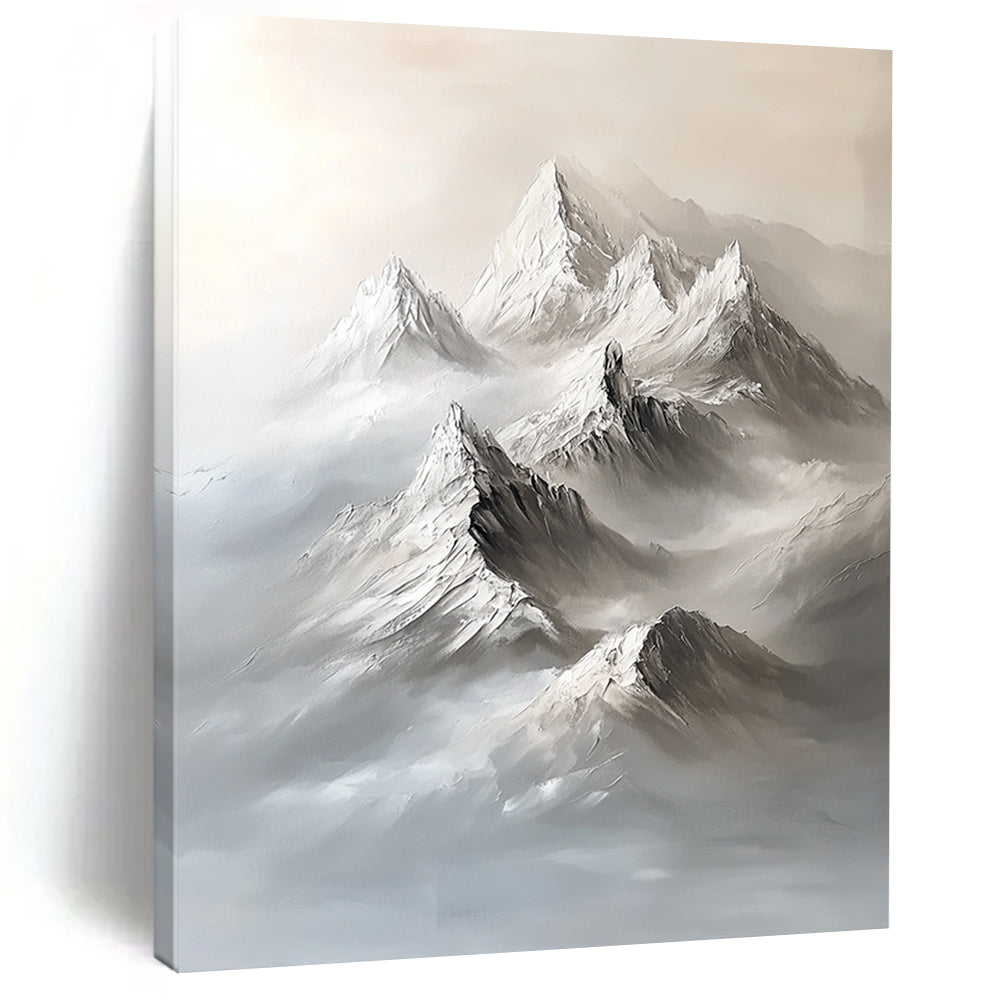 Abstract contemporary artwork featuring a large snow-capped mountain range in a minimalist gray palette with bold brushstrokes and ethereal fog. DLZ1289