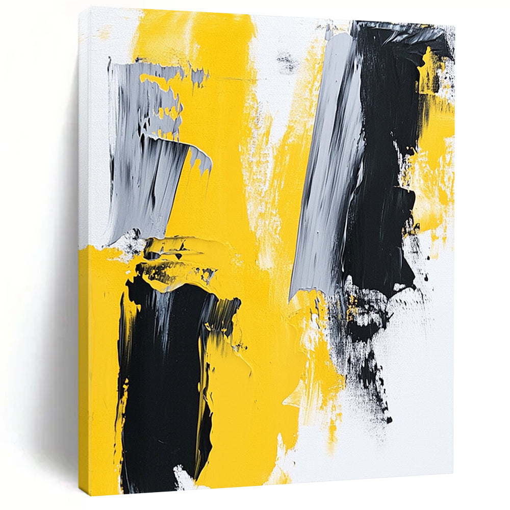 Large contemporary hand-painted abstract art featuring thick brush strokes in yellow and grey on a white background reflecting minimalism and modern expression. DLZ0774
