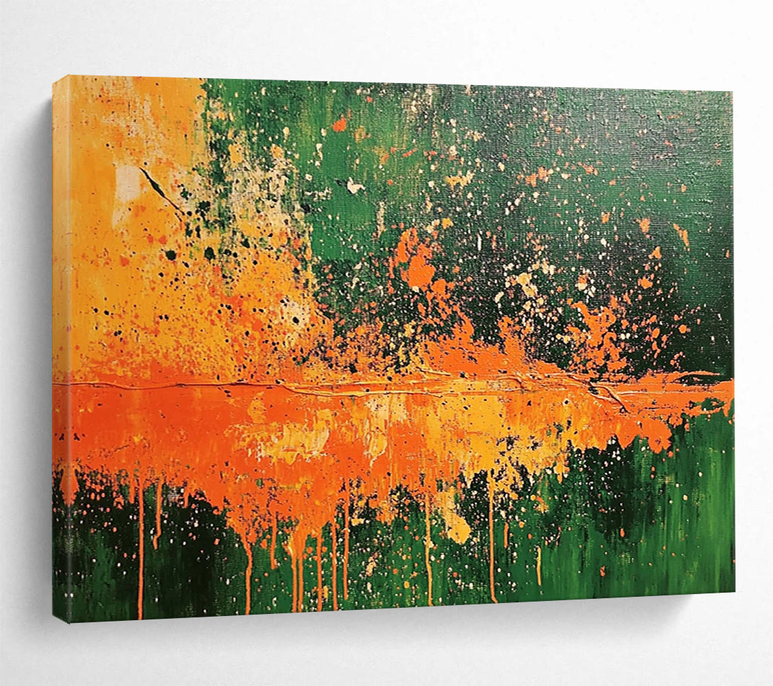 “Explosive Green and Orange” - Bright Greens, Oranges, and Whites, Energetic Splatter - Style Abstract Painting On Canvas HB0911