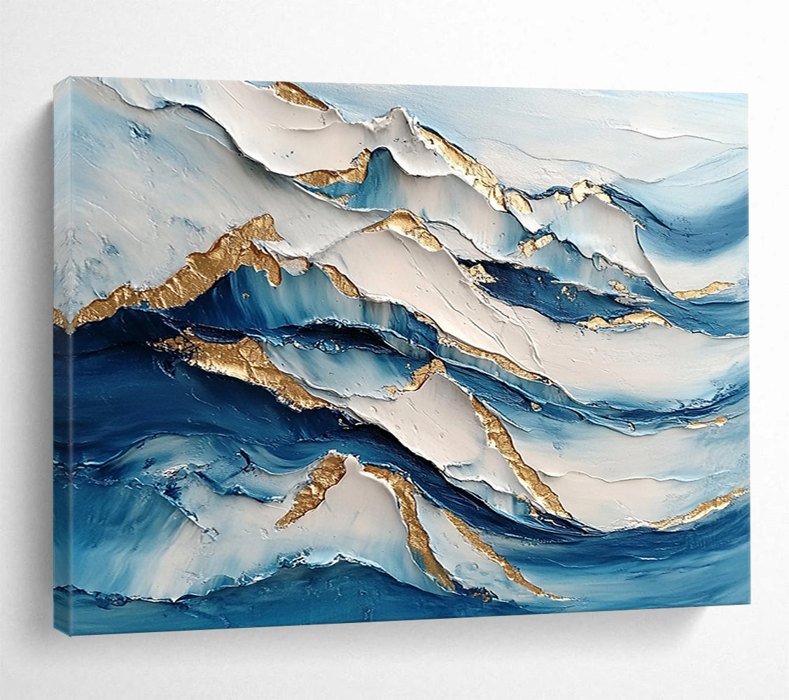 “Layered Wave Textures” - Blue, White, Gold, Layered Wave Textures Painting On Canvas HB0973