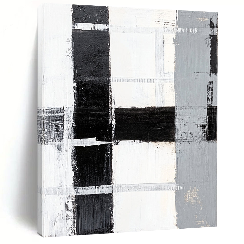 Black, White, Gray, Patchwork Squares "Monochrome Patchwork" Abstract Minimalist Painting On Canvas HB160