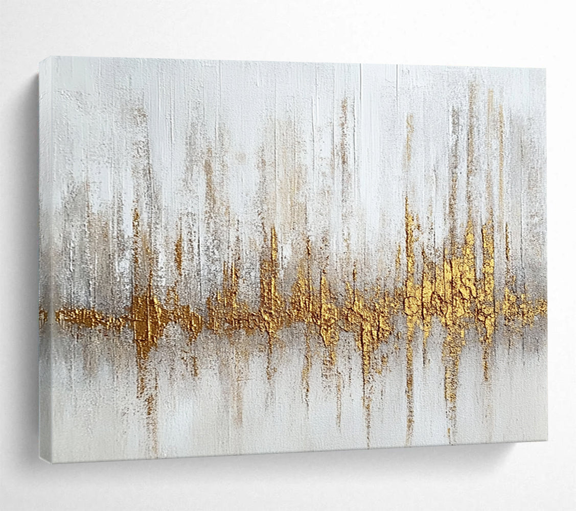 “Gilded Soundwave” - White, gold, gray; Textured gold soundwave on white; Mixed Media Painting On Canvas HB1207