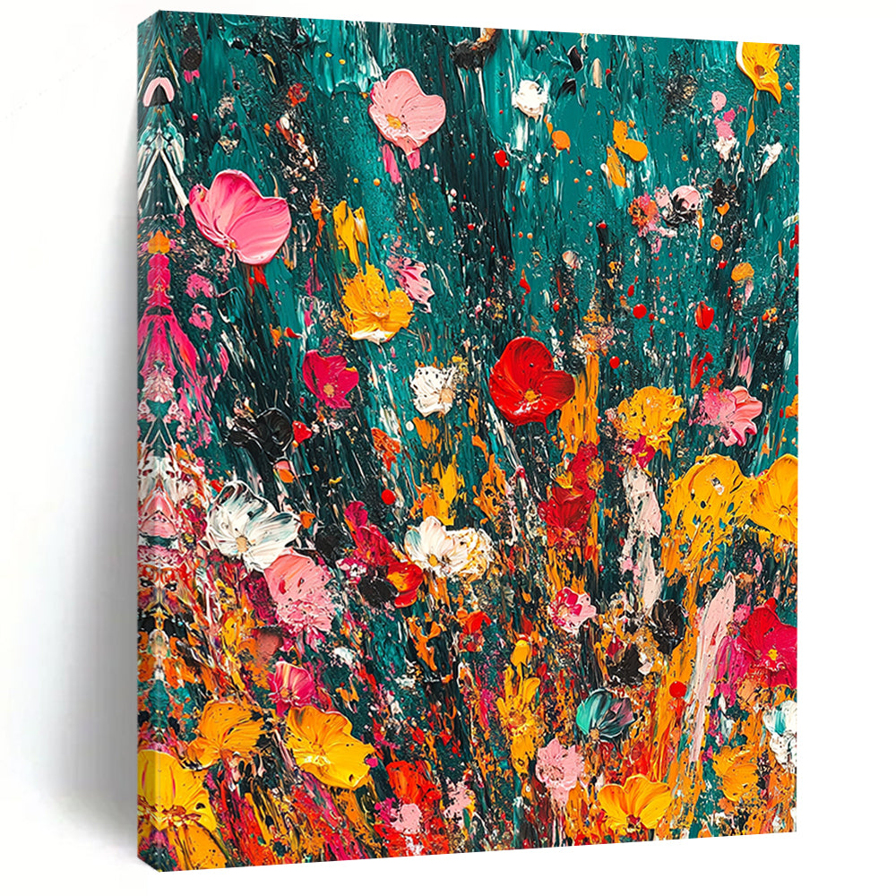 Vibrant contemporary abstract painting featuring lush emerald green and dynamic splashes of color creating a joyful and playful atmosphere. DLZ1175