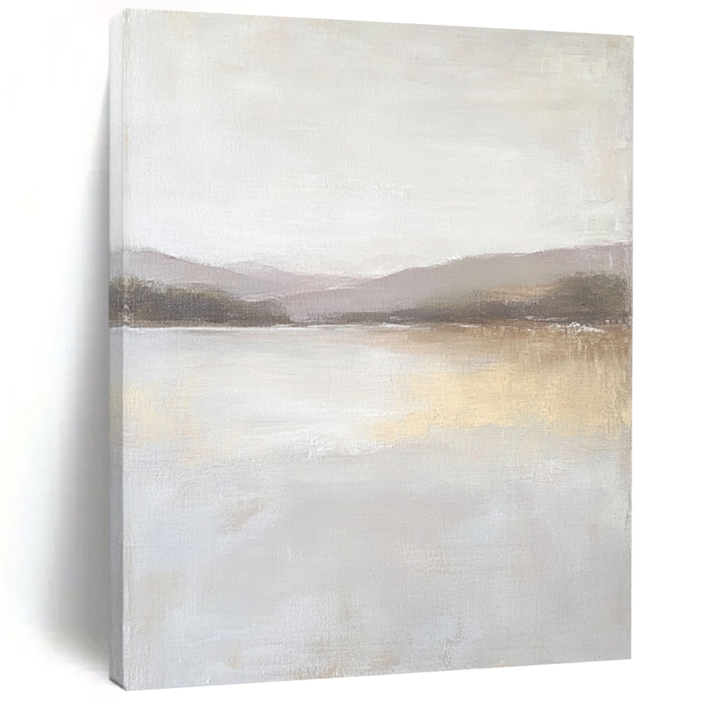 Contemporary abstract painting featuring a large lake in muted beige and gray tones with textured canvas and distant hills in the background. DLZ0415