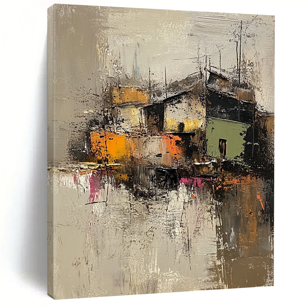 Contemporary abstract artwork featuring an old village in muted grey and brown, highlighted with vibrant green, yellow, orange, and pink textures. DLZ0961