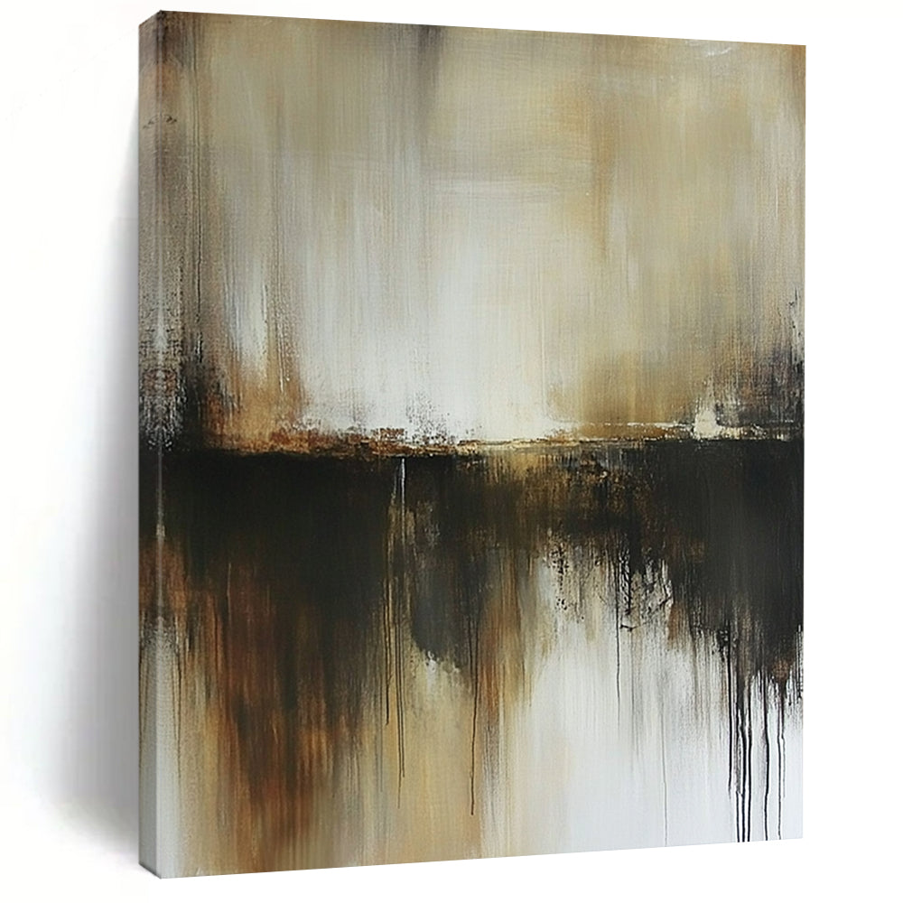 Contemporary hand-painted abstract art in neutral browns and greys evokes a dark grungy misty atmosphere with subtle beige and white tones. DLZ0528
