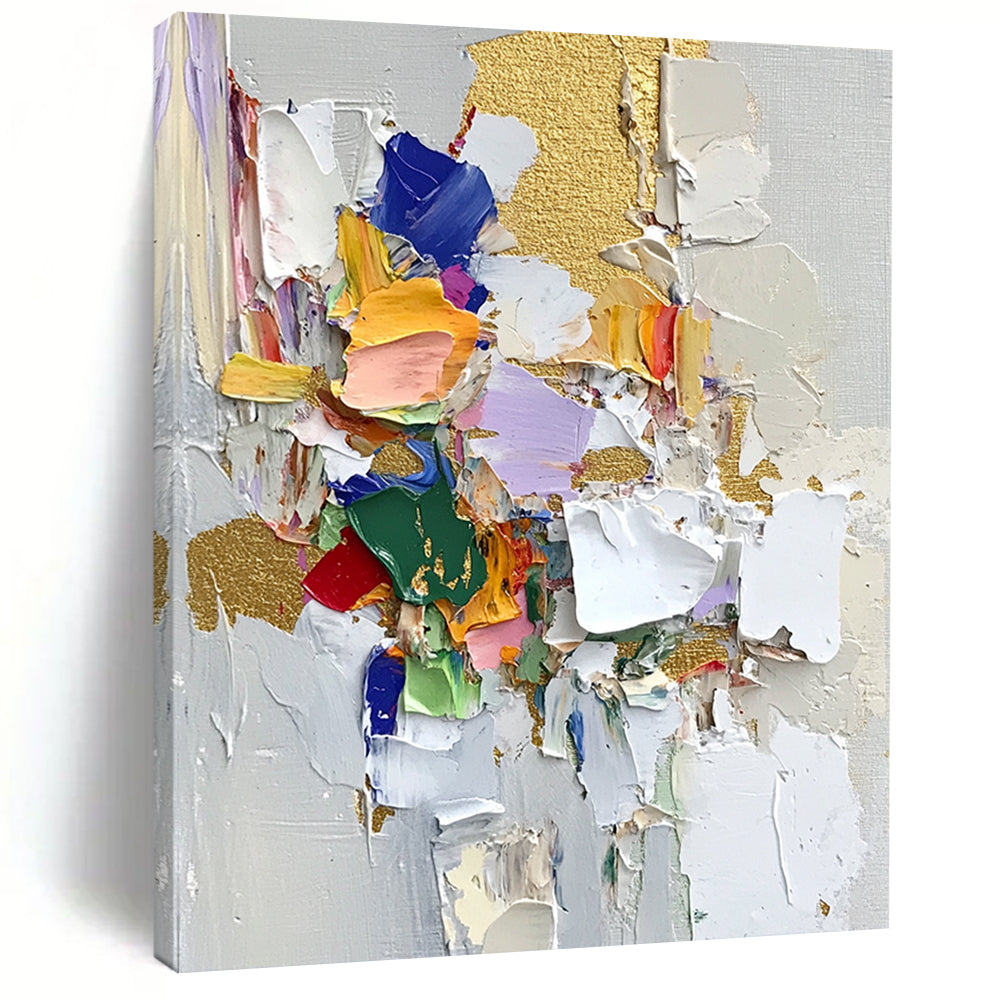 Contemporary abstract artwork featuring palette knife textures thick brush strokes and vibrant fabric pieces on textured paper with gold leaf highlights. DLZ0716