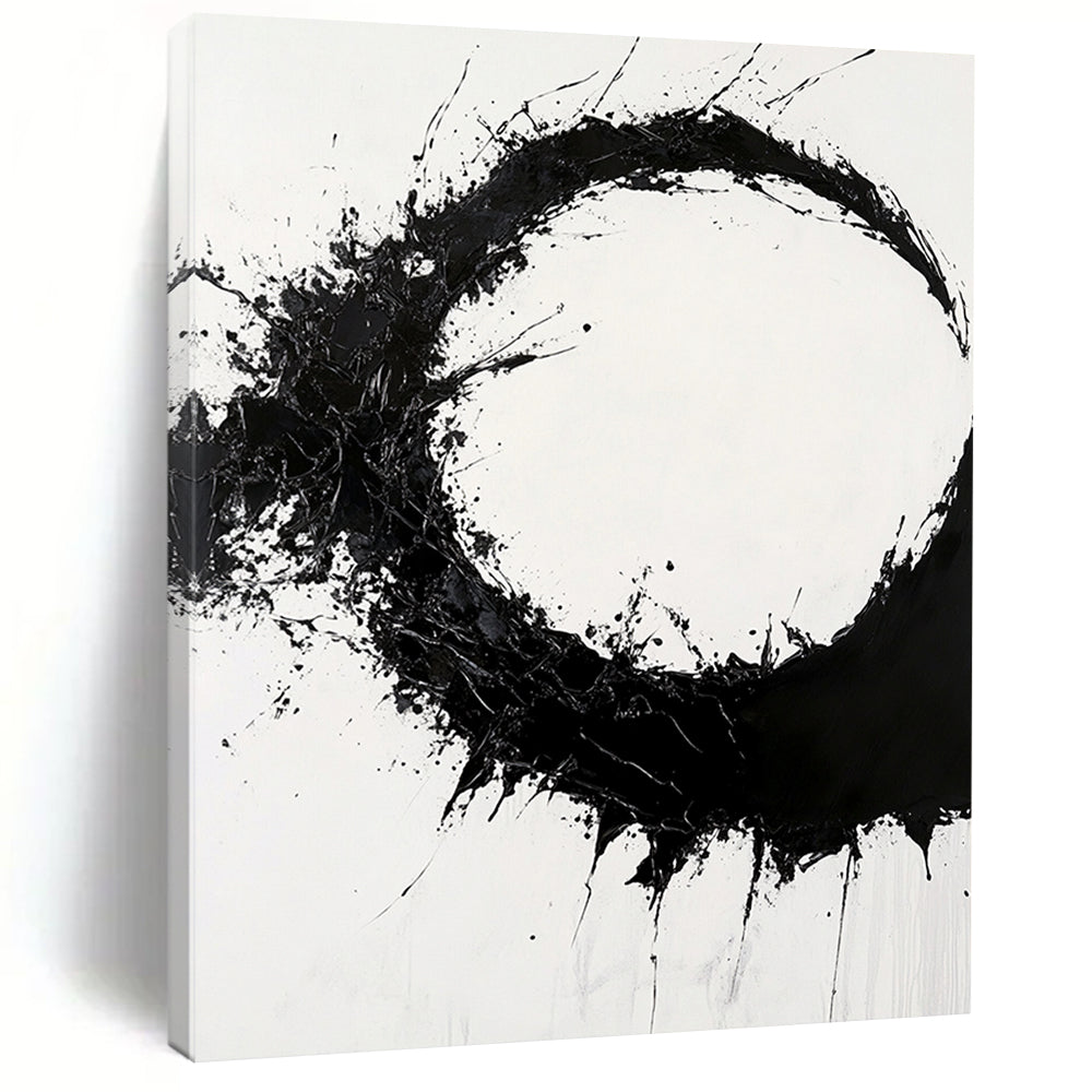 Black Splattered Circular Ink - “Dynamic Enso Energy” Painting On Canvas HB231